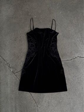 Vivienne Tam Black Velvet Mini Dress with Floral Embroidery